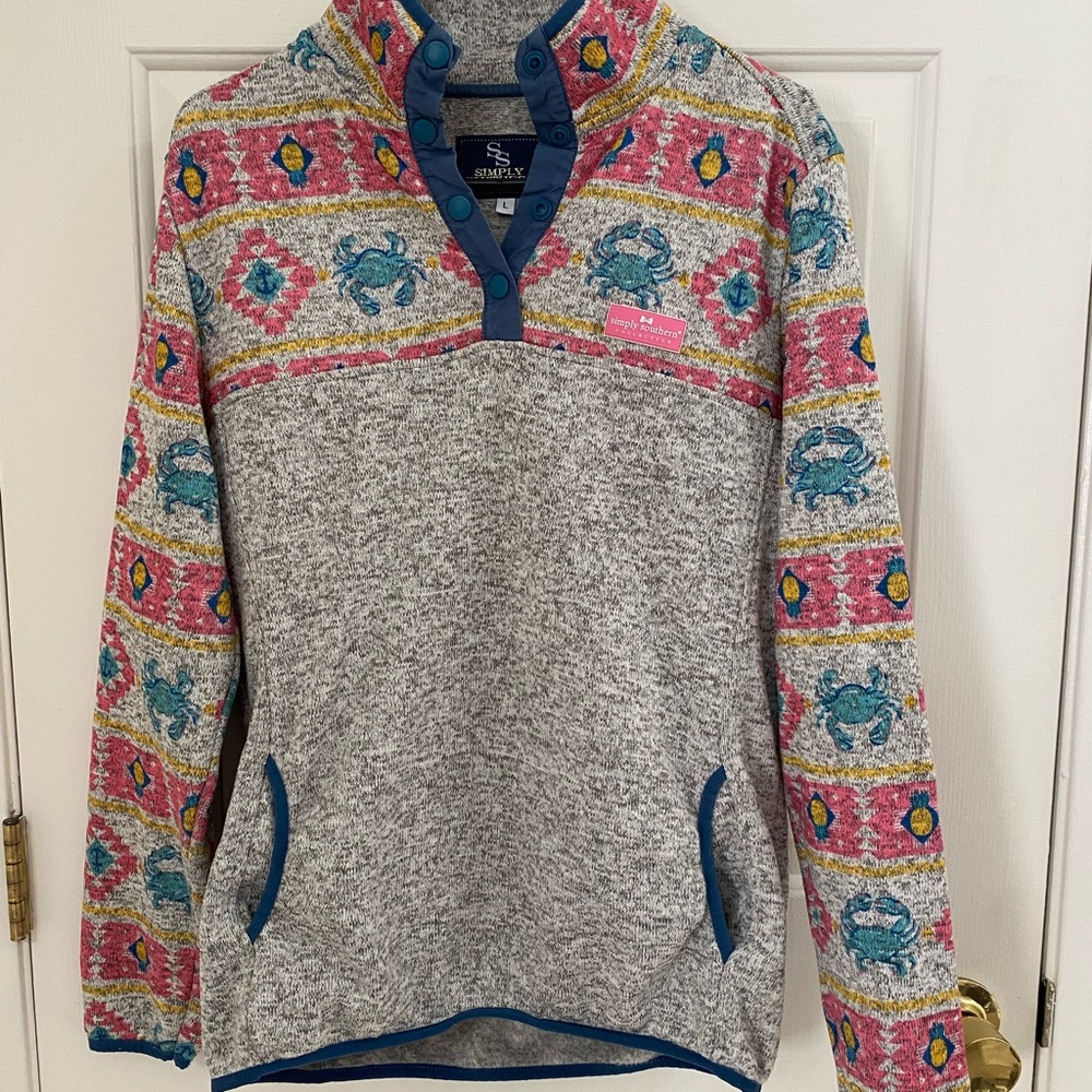 Simply Southern Womens 1/4 Snap Pullover Gray Sweatshirt Beach Theme Design Sz L
